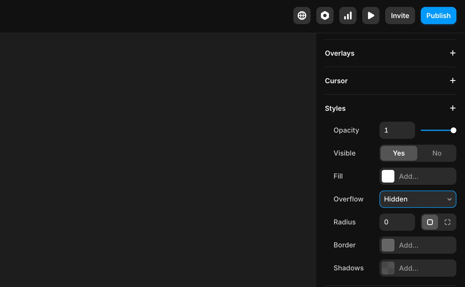 Framer 대시보드 내에서 Overflow가 Hidden으로 설정되어있음을 통해, 가로스크롤이 일어나는 원인을 설명합니다.