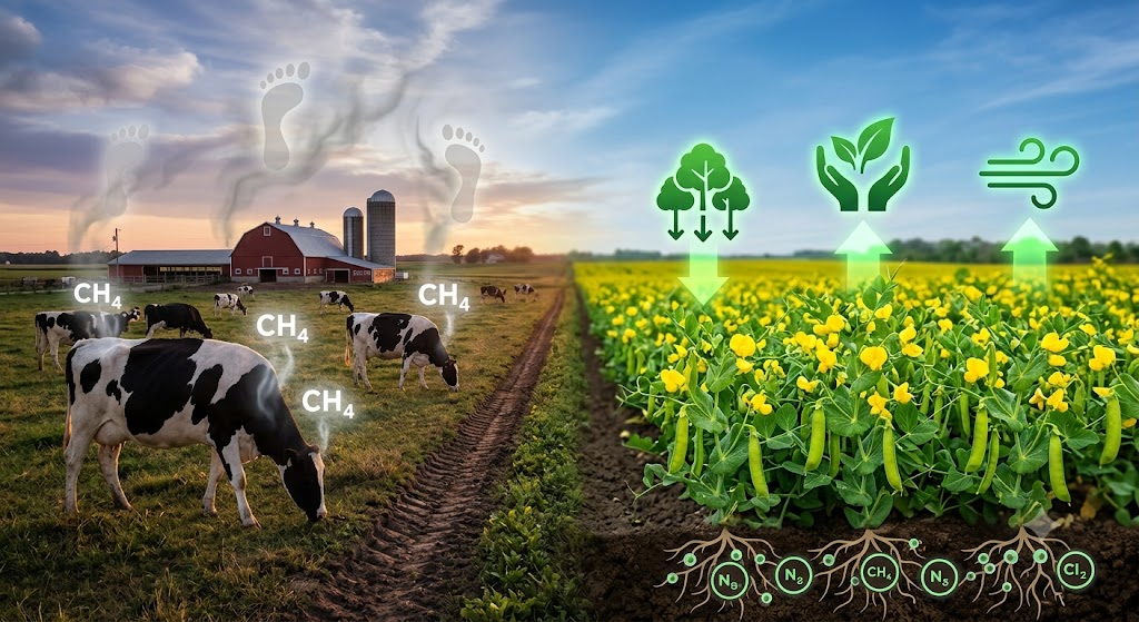 "A side-by-side infographic comparing the production processes of whey protein from dairy farming and pea protein from yellow split pea farming. It details each stage from the raw source to the final protein powder."