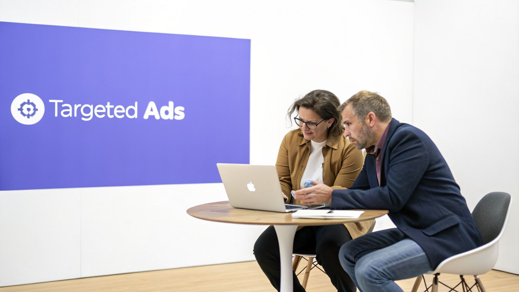 Two professionals discussing targeted ads on a laptop in a modern office environment.