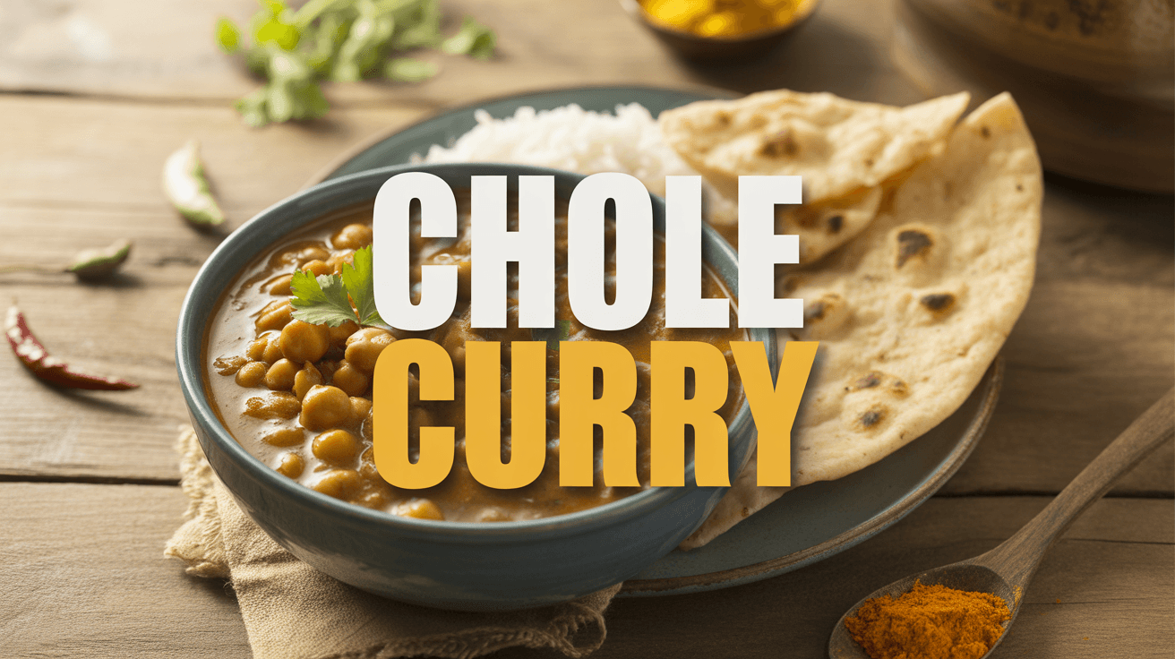Bowl of chole curry with coriander naan spices on rustic wood table and Chole Curry text