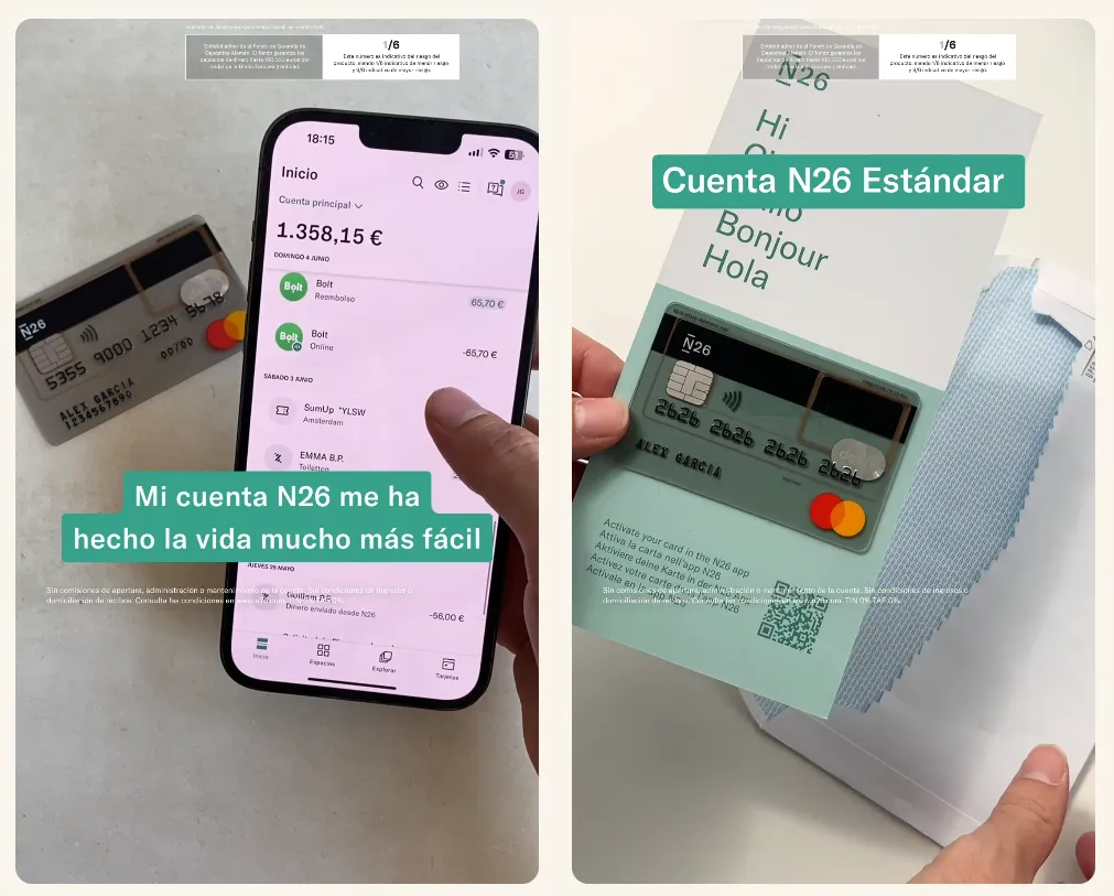 A split-screen ad creative from Creative Milkshake’s campaign for N26 featuring a user showing the N26 mobile banking app and debit card. Spanish on-screen captions describe how the account made daily life easier and introduce the N26 Standard account. The campaign uses authentic UGC-style visuals and lifestyle storytelling to promote digital banking benefits in a relatable social media format.