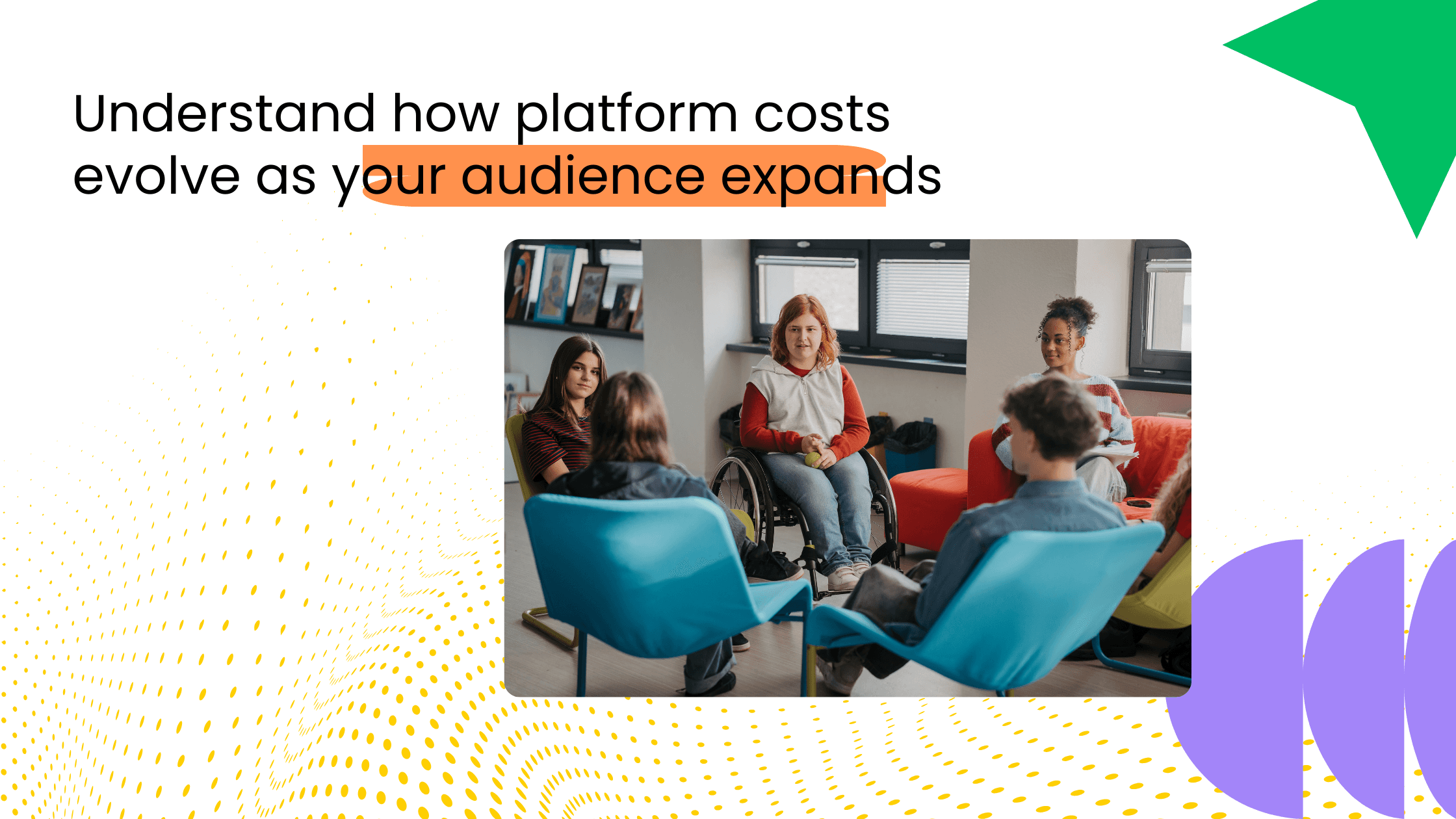 Coaching group in a discussion session beside text about how platform pricing changes as audience size grows.