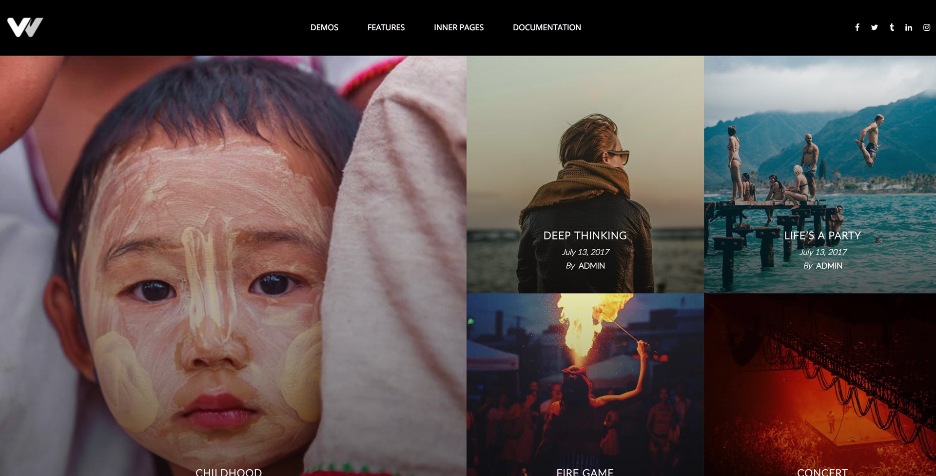 Website portfolio grid displaying multi-colored documentary and lifestyle photography blocks.