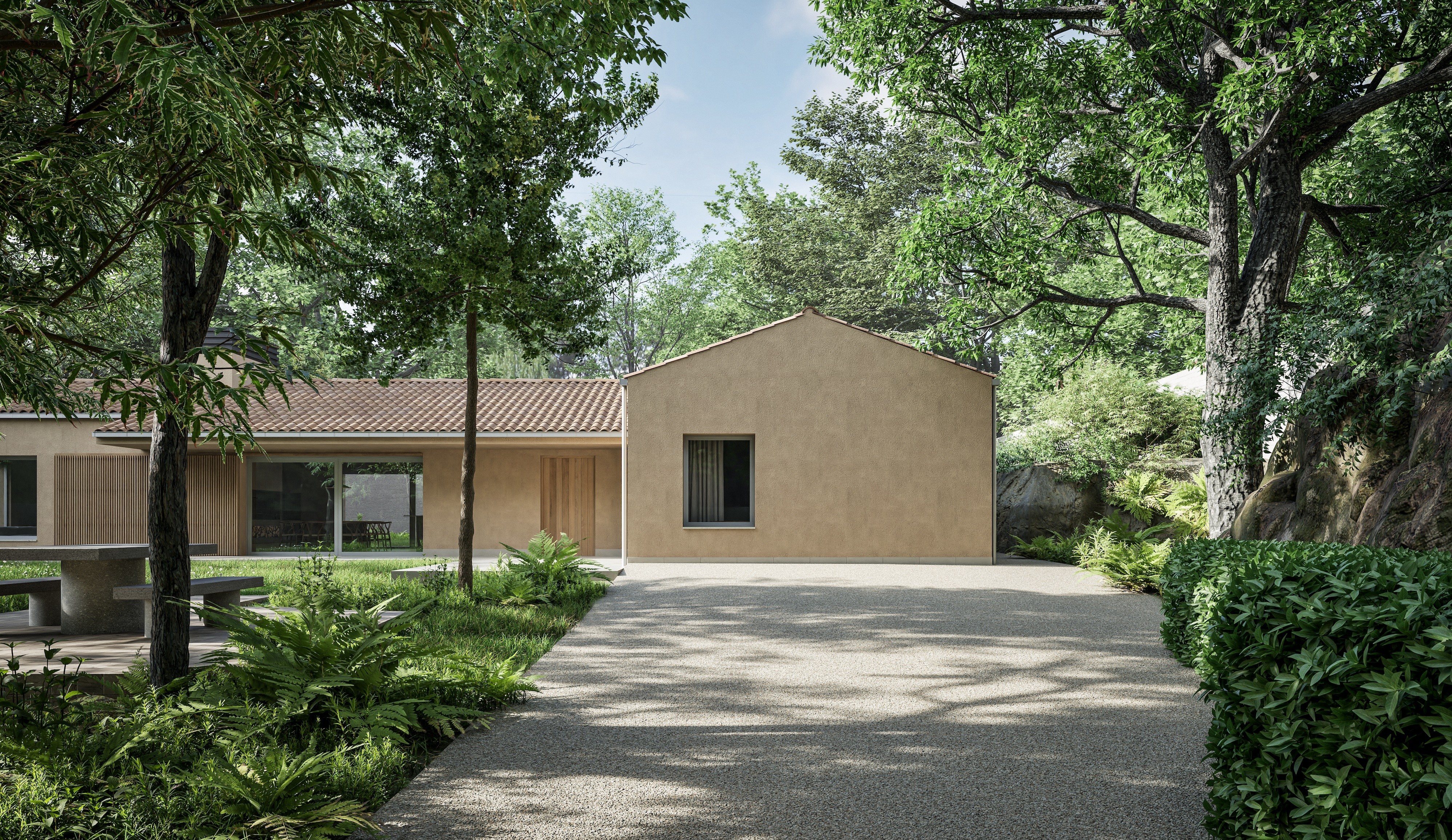 Child walking on a wooden beam with a large tree and swing nearby in a courtyard of modern wooden houses, while another person adjusts a bicycle.