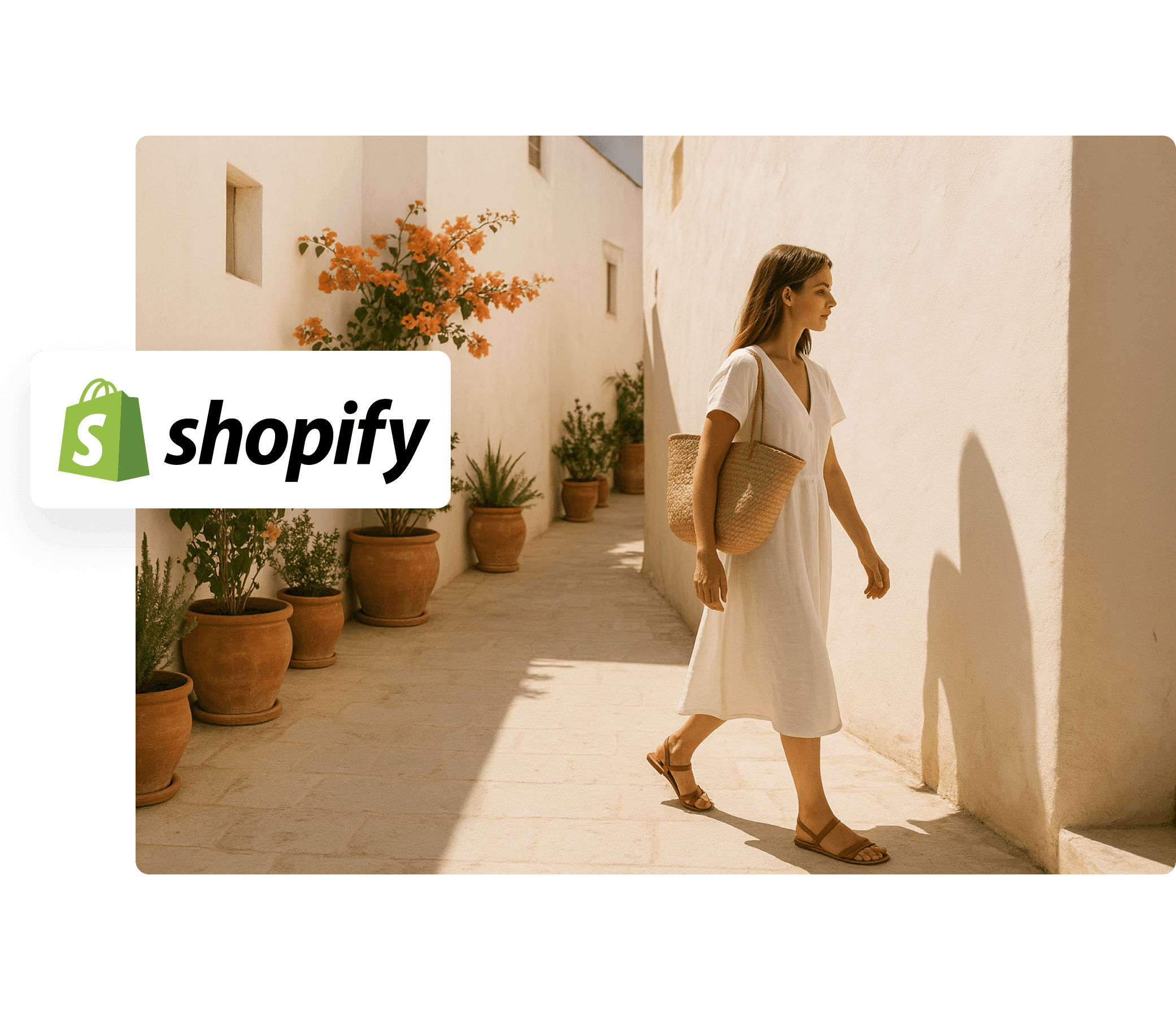 A sunlit courtyard features a traditional arched fountain with intricate tilework beside a leafy orange tree casting shadows on the warm, stuccoed walls.