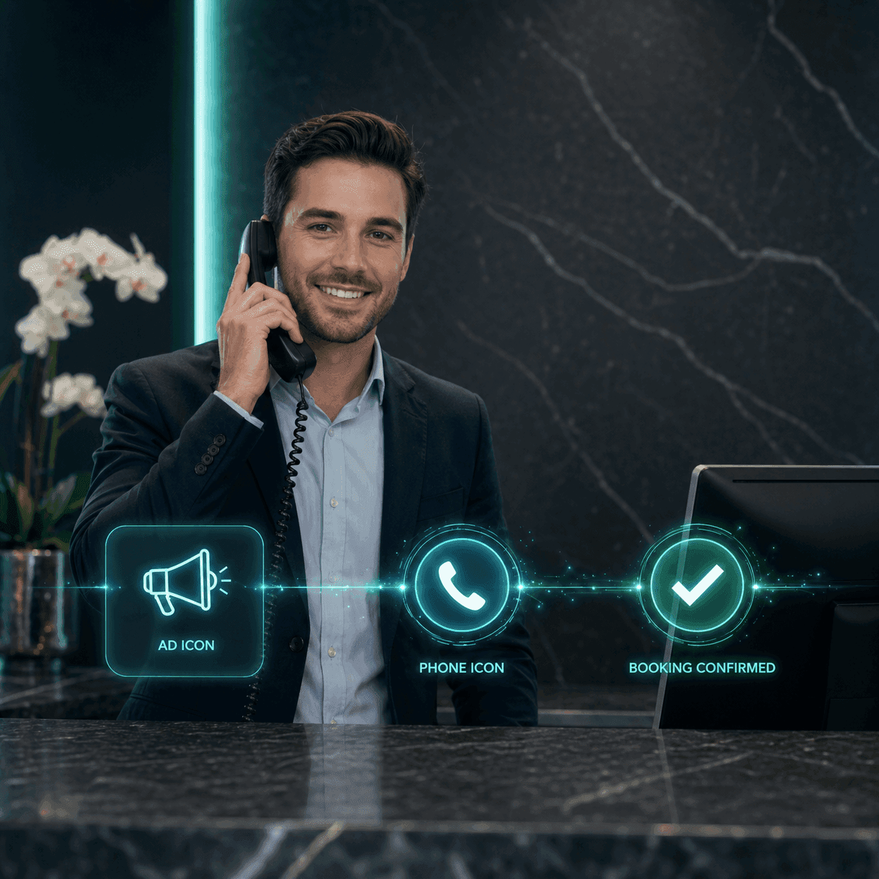 Vixilia strategic marketing visualization showing a professional medical receptionist successfully converting a healthcare ad lead into a confirmed patient booking, highlighting the full-funnel patient journey