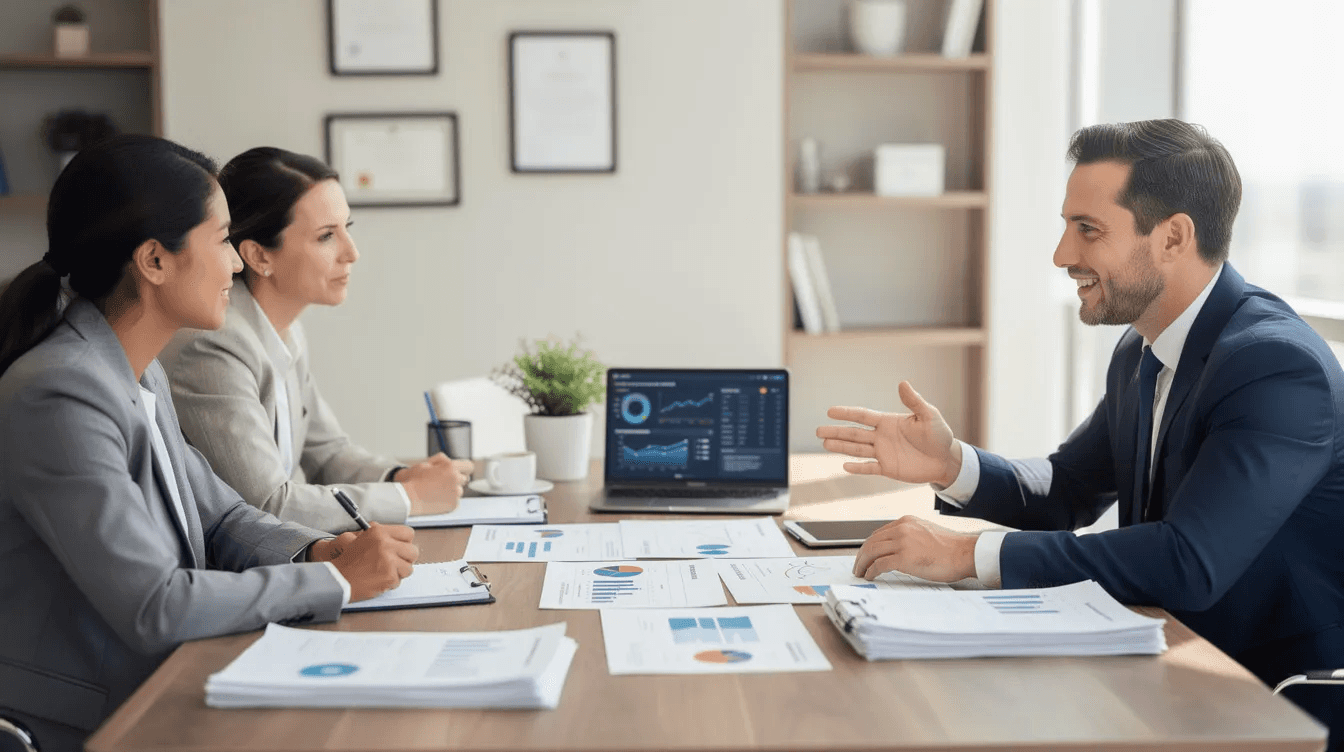 The image depicts a professional financial advisor seated at a desk, engaging with clients as they review various financial documents and investment strategies, including long short equity fund options and their potential for capital appreciation. The setting conveys a focus on investment advice and portfolio diversification tailored to the clients' investment objectives.