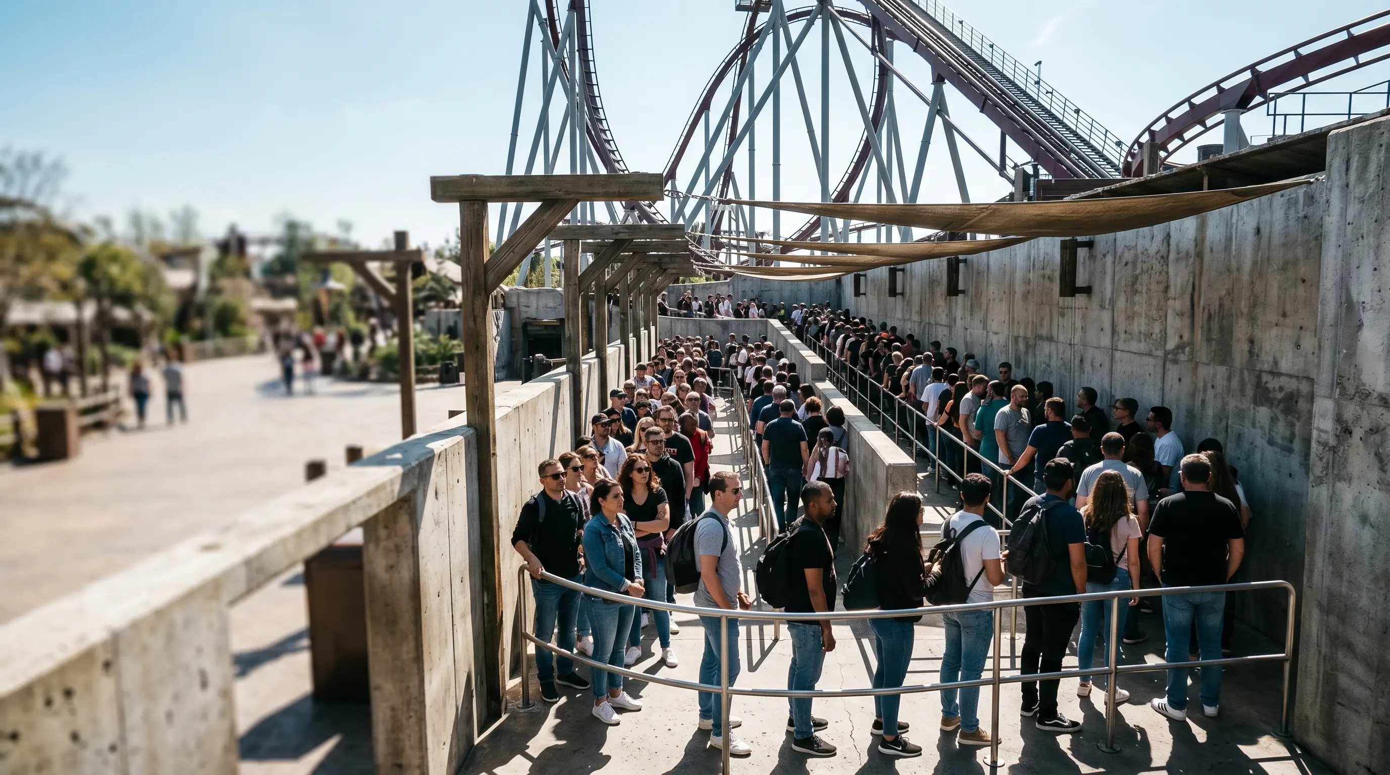 Lange Schlange von Freizeitpark-Besuchern in einem Beton-Zickzack-Wartebereich unter einer Achterbahn aus Stahl