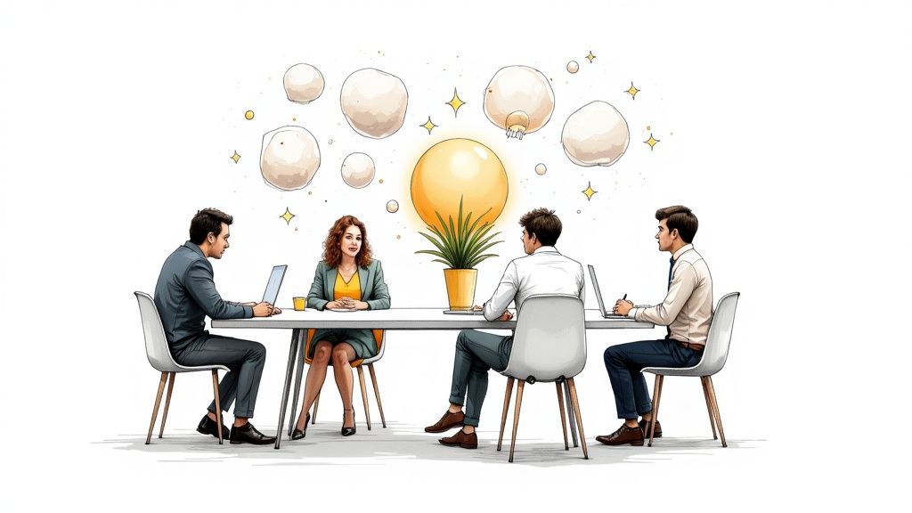 Equipo colaborando en un espacio de trabajo moderno y luminoso.
