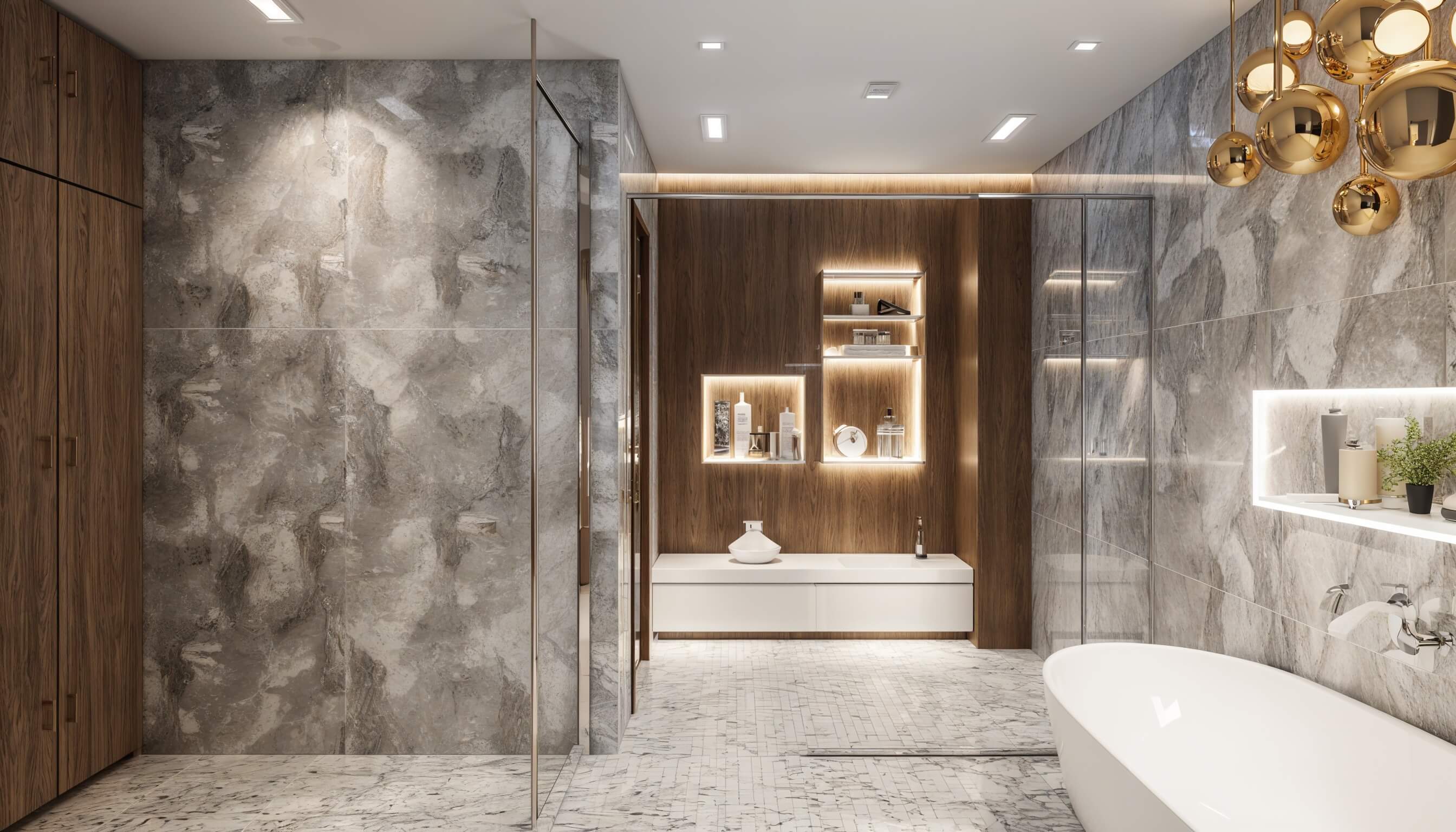 Luxury master bathroom with marble wall tile, integrated wood cabinetry, freestanding tub, and recessed illuminated shelving.