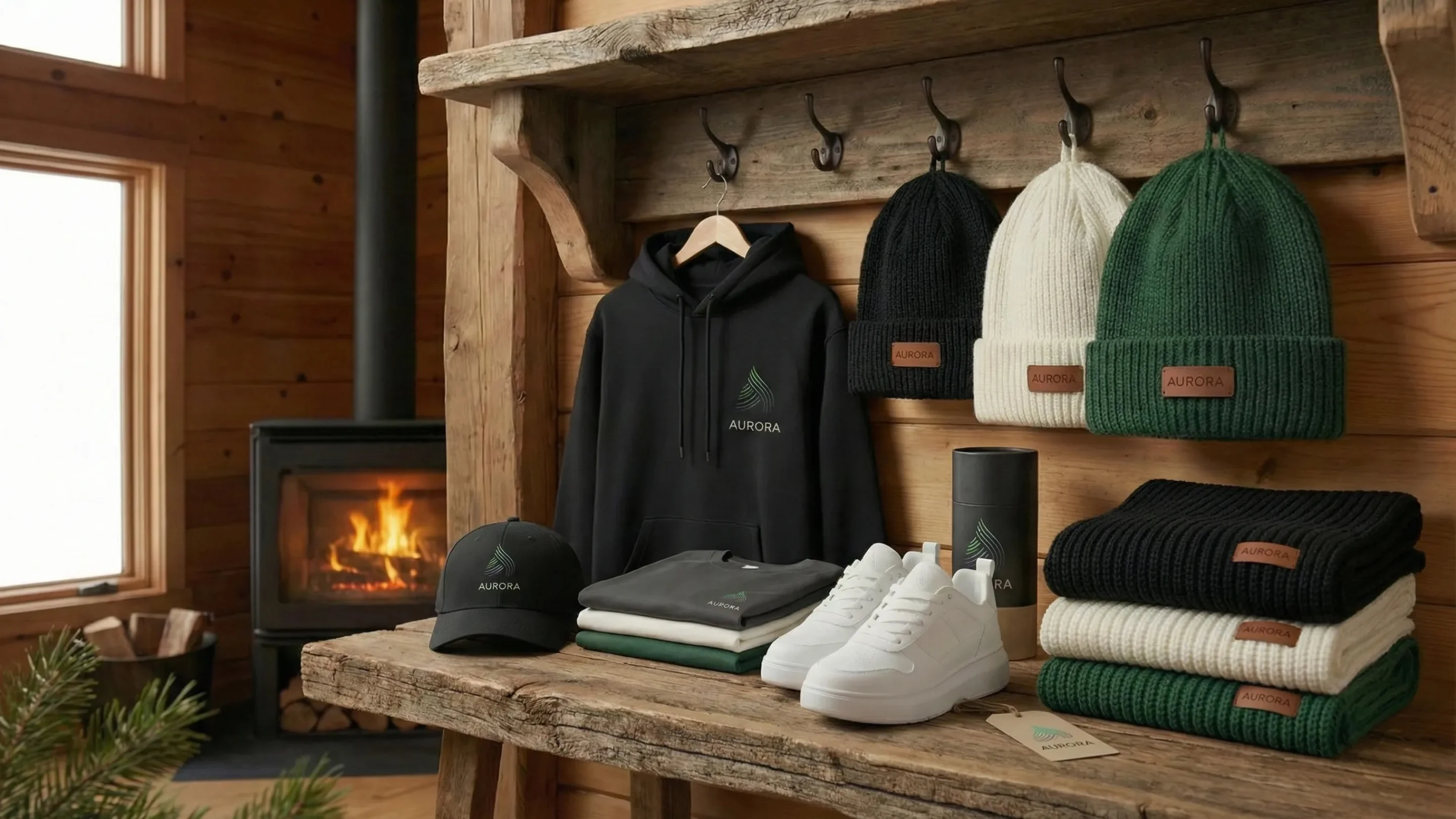 "A comprehensive lifestyle display of the Aurora merchandise range, including apparel and accessories, set in a rustic interior with a lit fireplace.
