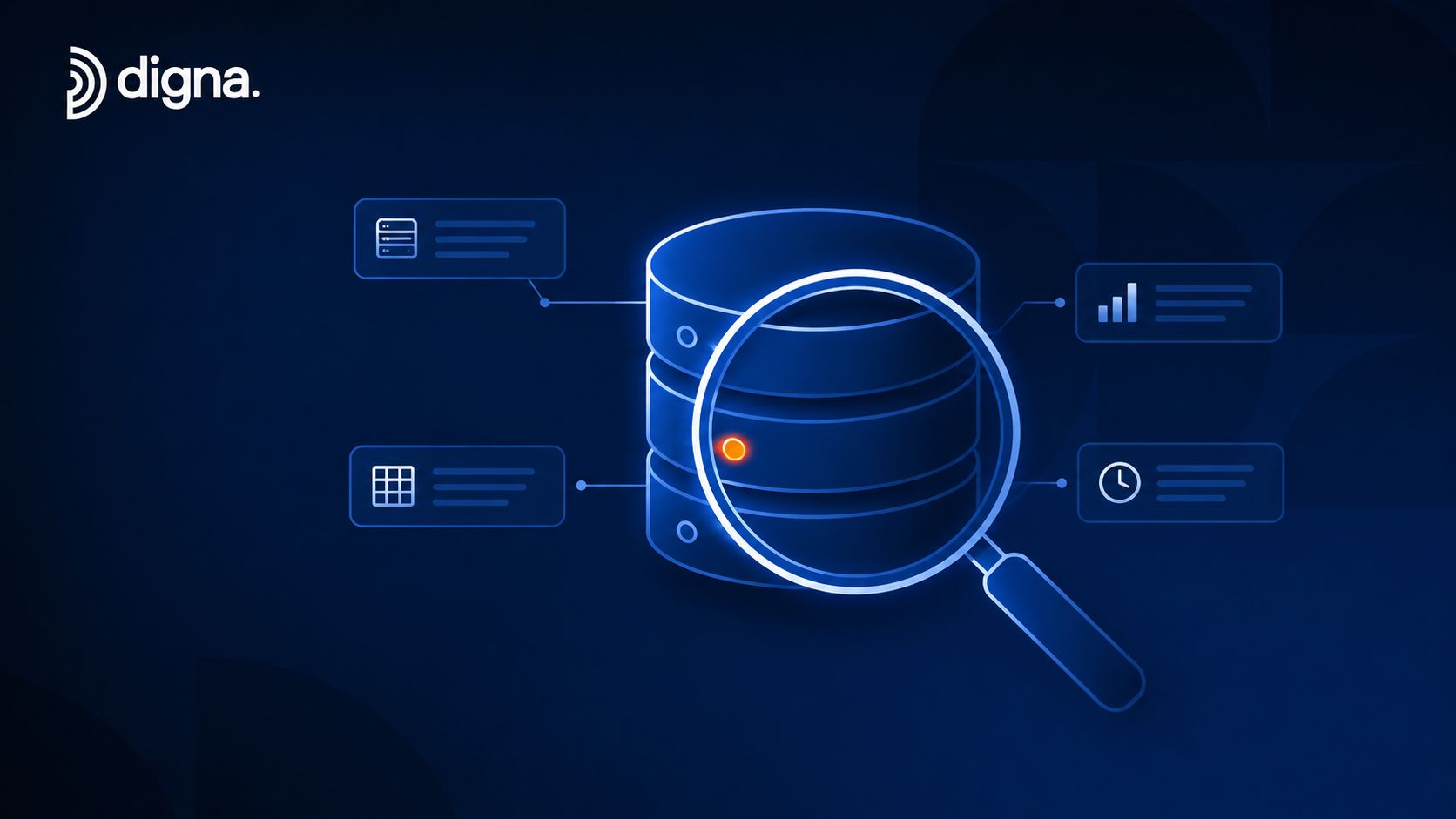 A digital illustration of a database server being inspected by a magnifying glass with data analysis icons.