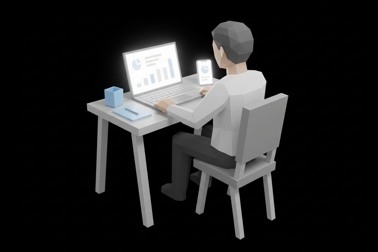 A marketer analyzing campaign performance on a desk with phone and laptop