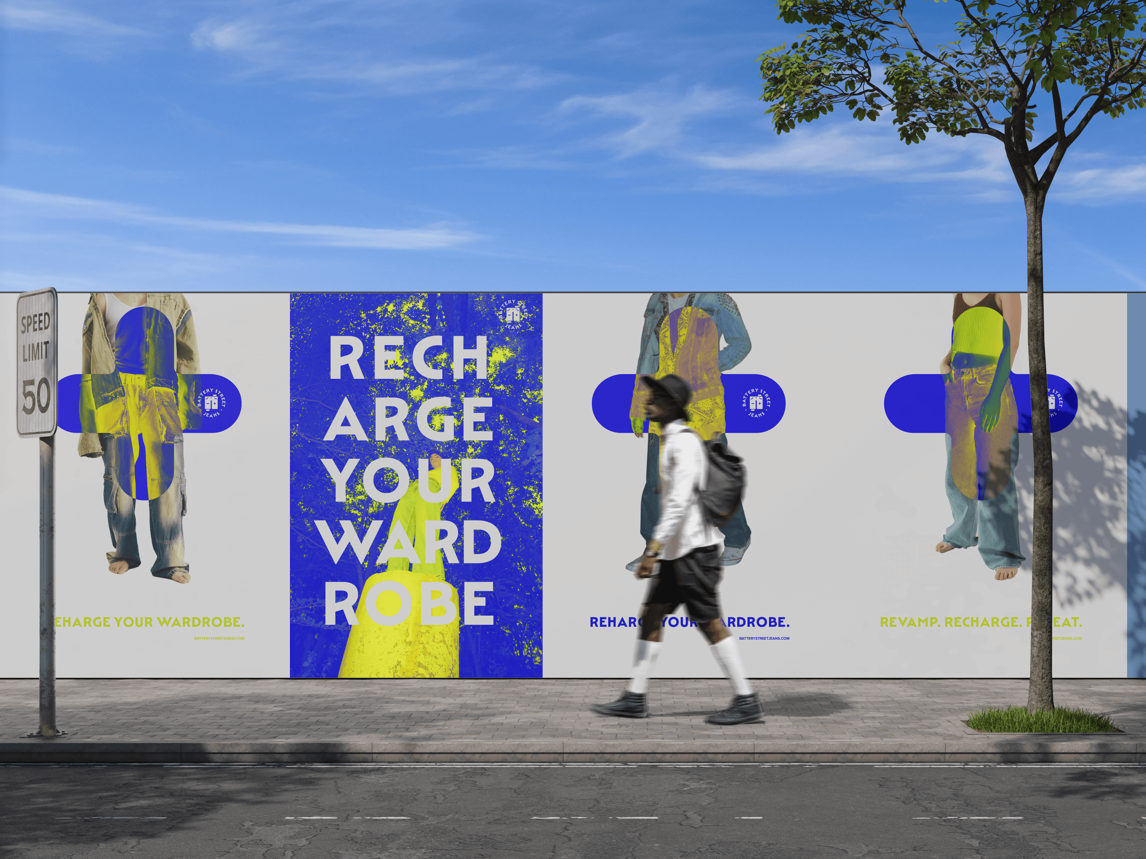 A person walks past a vibrant street art mural featuring the bold text "RECHARGE YOUR WARDROBE" with abstract, colorful designs on a sunny day.