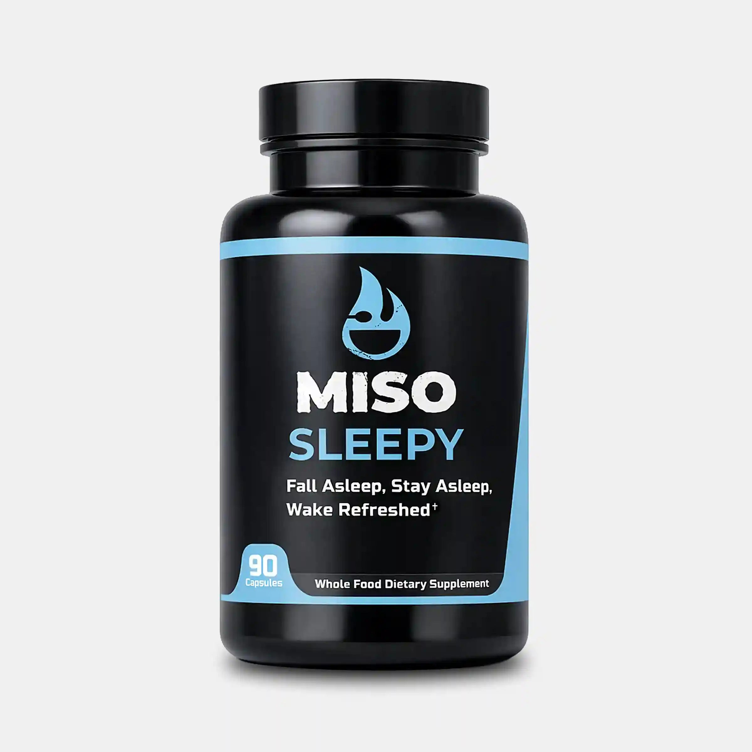 Black supplement bottle labeled 'MISO Sleepy' on a white background