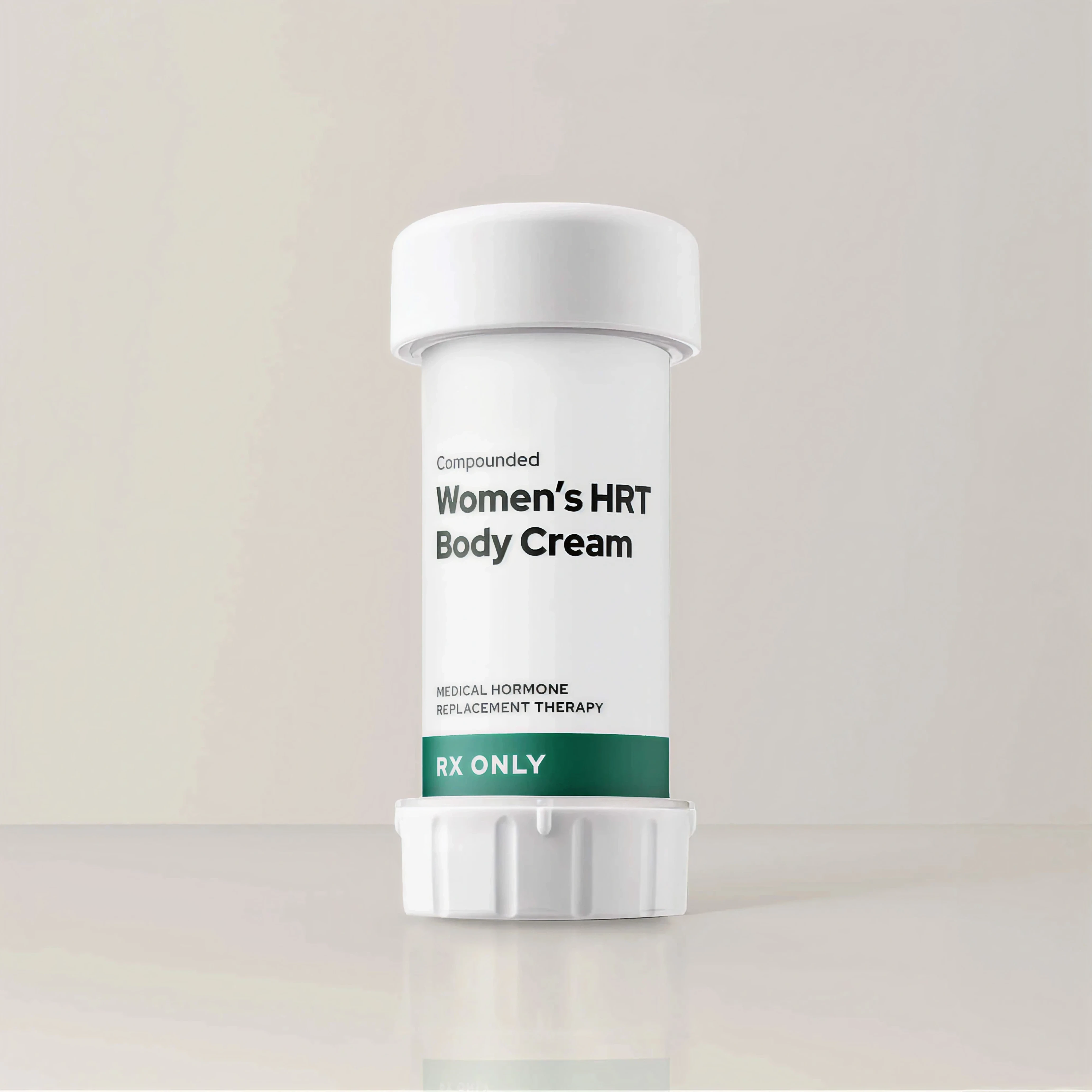 White tube of Henry Women's HRT Body Cream. The label is white with green accent. "RX ONLY" in green.