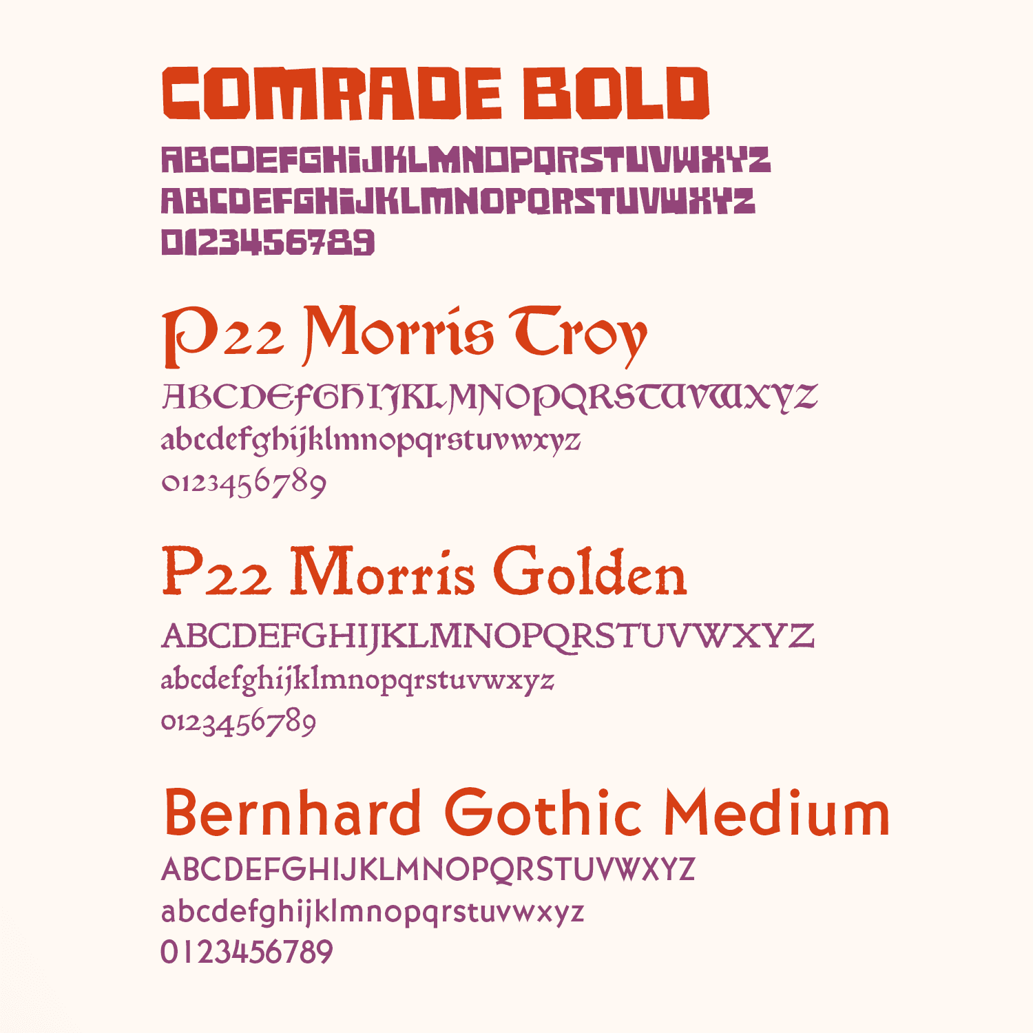 Typography sample of four typefaces, one is a playful comrade bold, two are variations of P22 Morris, and the last is bernhard gothic medium.
