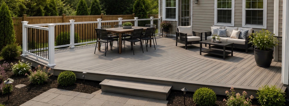 Finished backyard deck with seating and railing