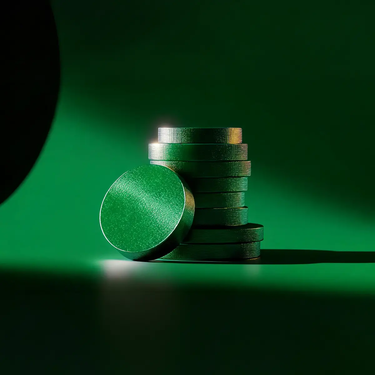 A stack of green coins with one coin standing on its edge in front