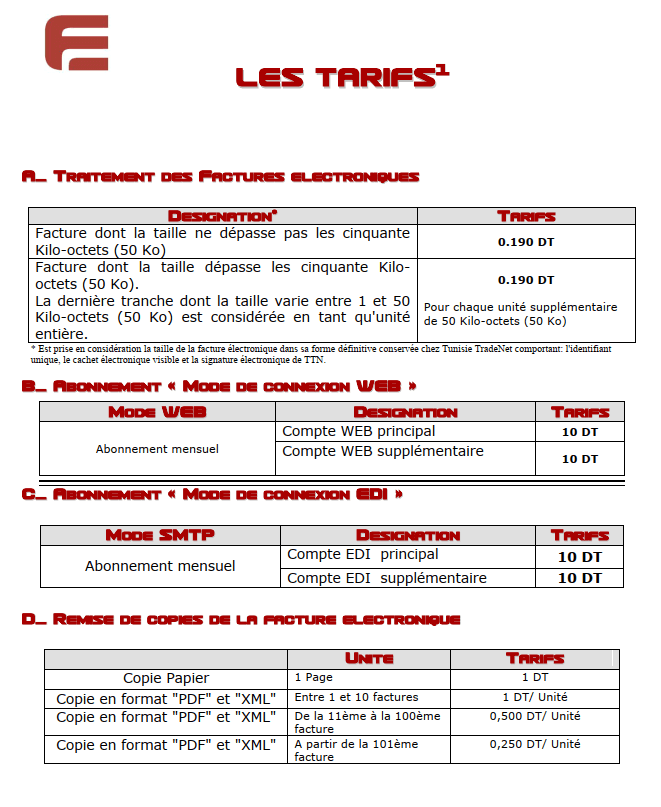 tarif de la facture électronique tunisie 2026