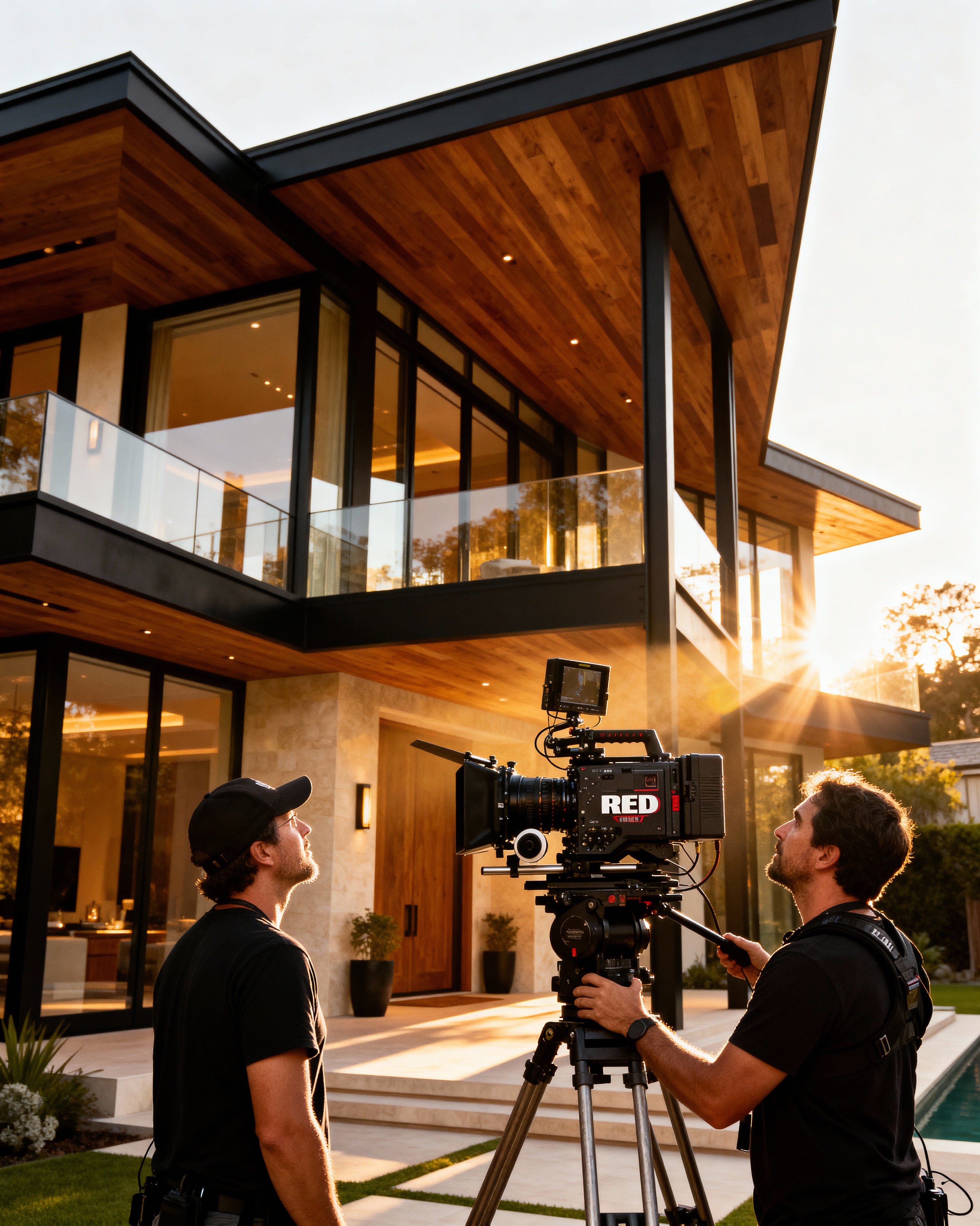Cinematography team shooting a contemporary glass-and-wood residence with a RED digital camera during golden hour.