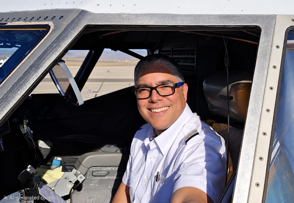 Marco Rivera in a pilot uniform seated in an aircraft cockpit