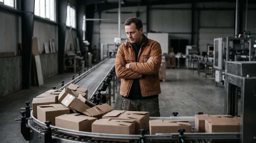 A man standing beside a conveyor of boxes in a plant