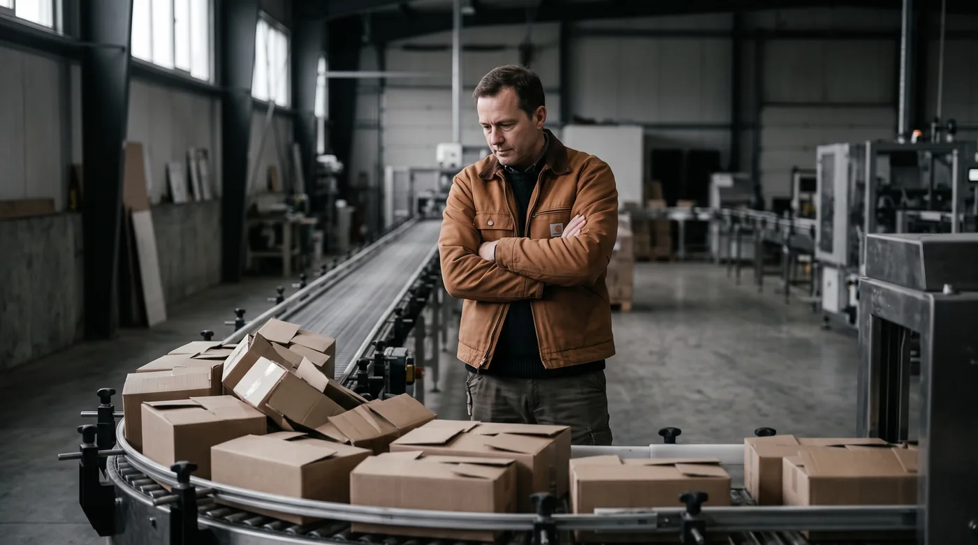 A man standing beside a conveyor of boxes in a plant
