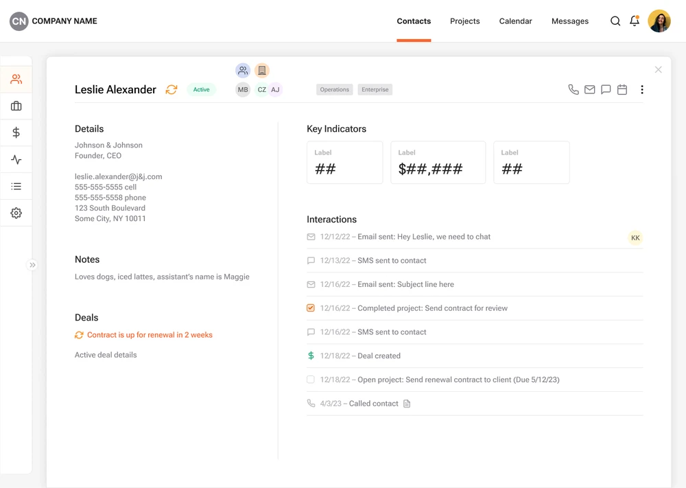 The main screen for the Contacts module shows a list of all the user’s contacts with a quick way to access the record details.