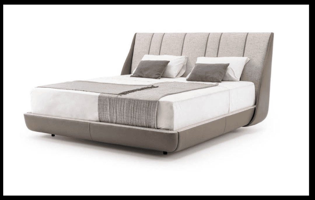 Two-tone bed with high curved headboard and cocoon feel.