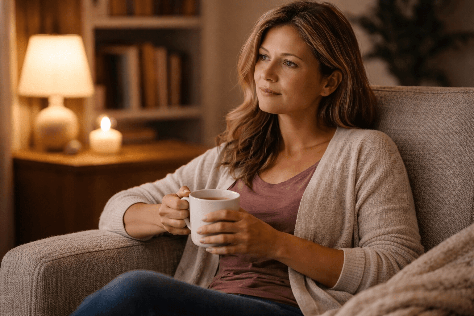 Woman pausing reflectively at kitchen counter in the evening — recognizing emotional eating triggers before reaching for food