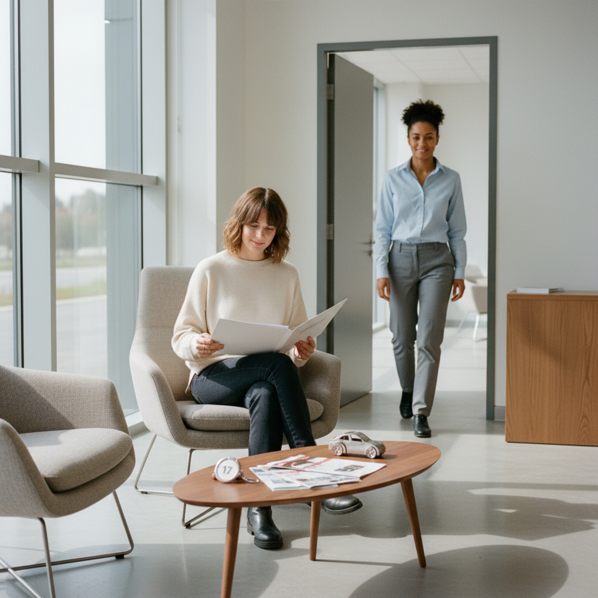 Im Wartebereich einer Werkstatt blättert ein Kunde in einer Mappe mit Servicepaketen, daneben liegt ein Schlüsselbund mit Nummernanhänger. Eine Mitarbeiterin kommt mit einem Lächeln aus der Halle. Auf einem Beistelltisch stehen Prospekte und ein kleines Modellauto. Die Szene wirkt einladend und klar strukturiert.