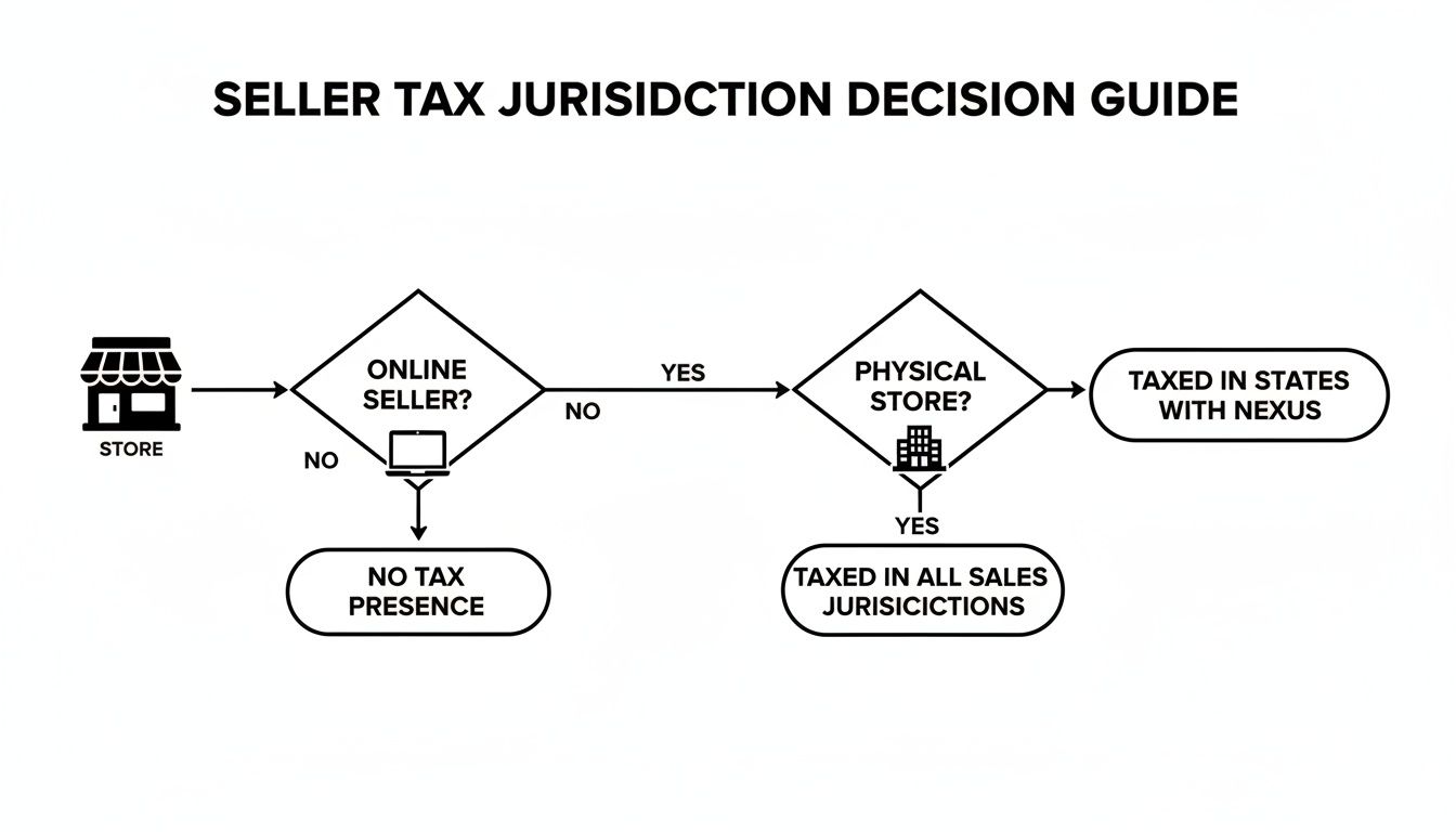 A flowchart guiding sellers on tax jurisdiction decisions based on online presence and physical store locations.