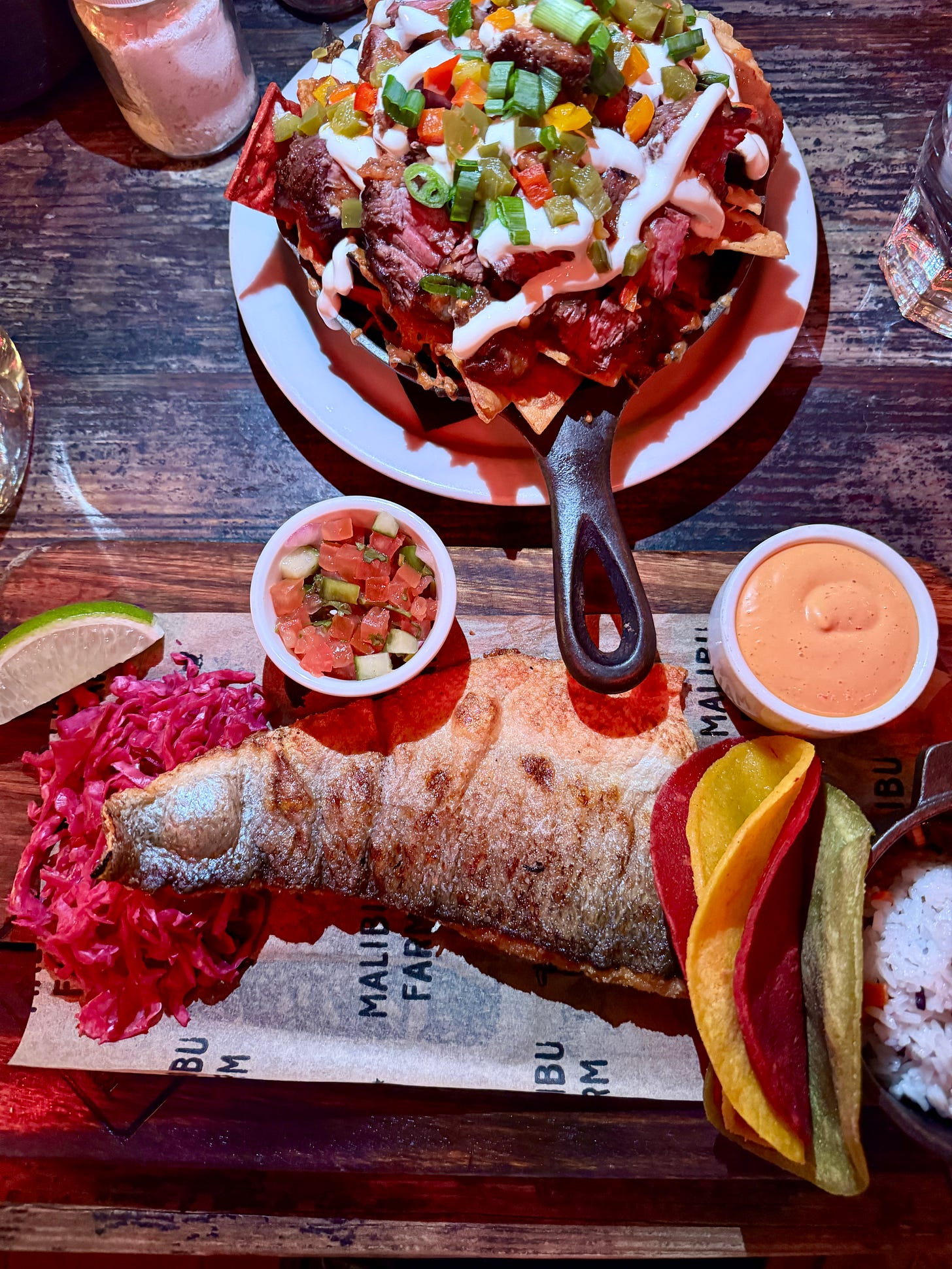 Another shot of the Newport nachos and the DIY Branzino fish tacos