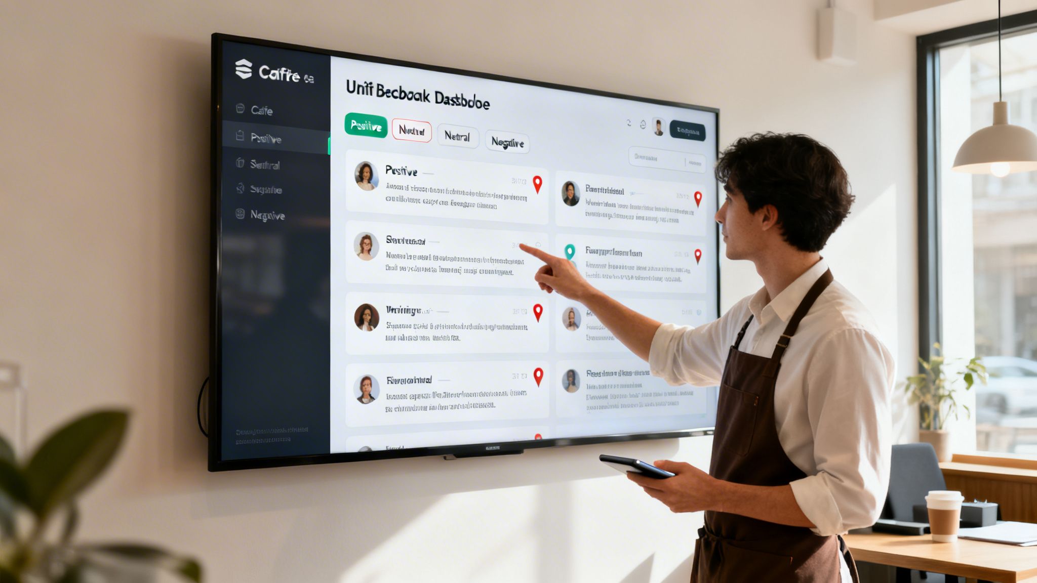 A man in an apron points at a digital dashboard on a TV screen displaying customer feedback.
