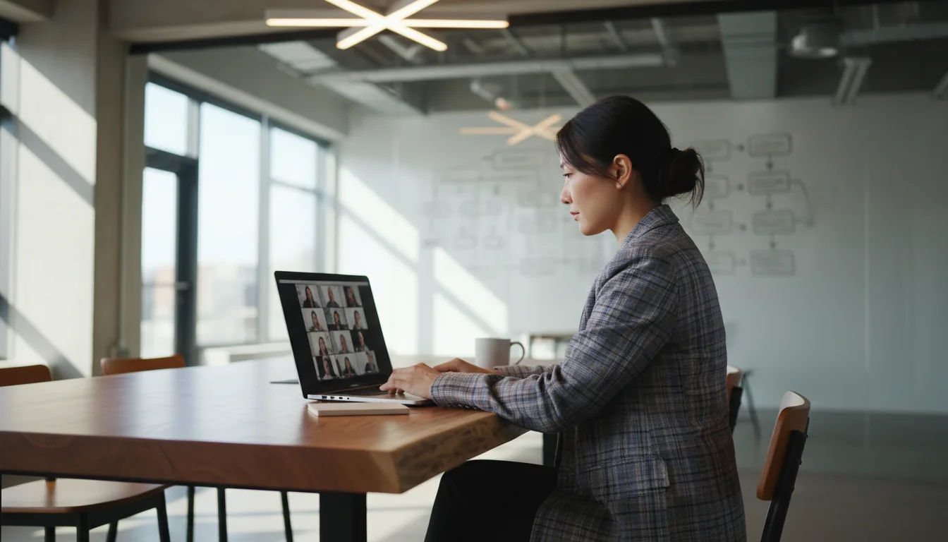 DSLR photography of a professional woman in a plaid blazer, seen from a side profile, attending a virtual event on a laptop. She is seated at a large, thick, live-edge wooden table inside a bright, modern co-working space. The background is softly out of focus with a shallow depth of field, featuring a whiteboard with diagrams, large windows, and a distinctive illuminated asterisk-shaped ceiling light. The scene is filled with soft, natural daylight, creating an engaging and professional atmosphere.