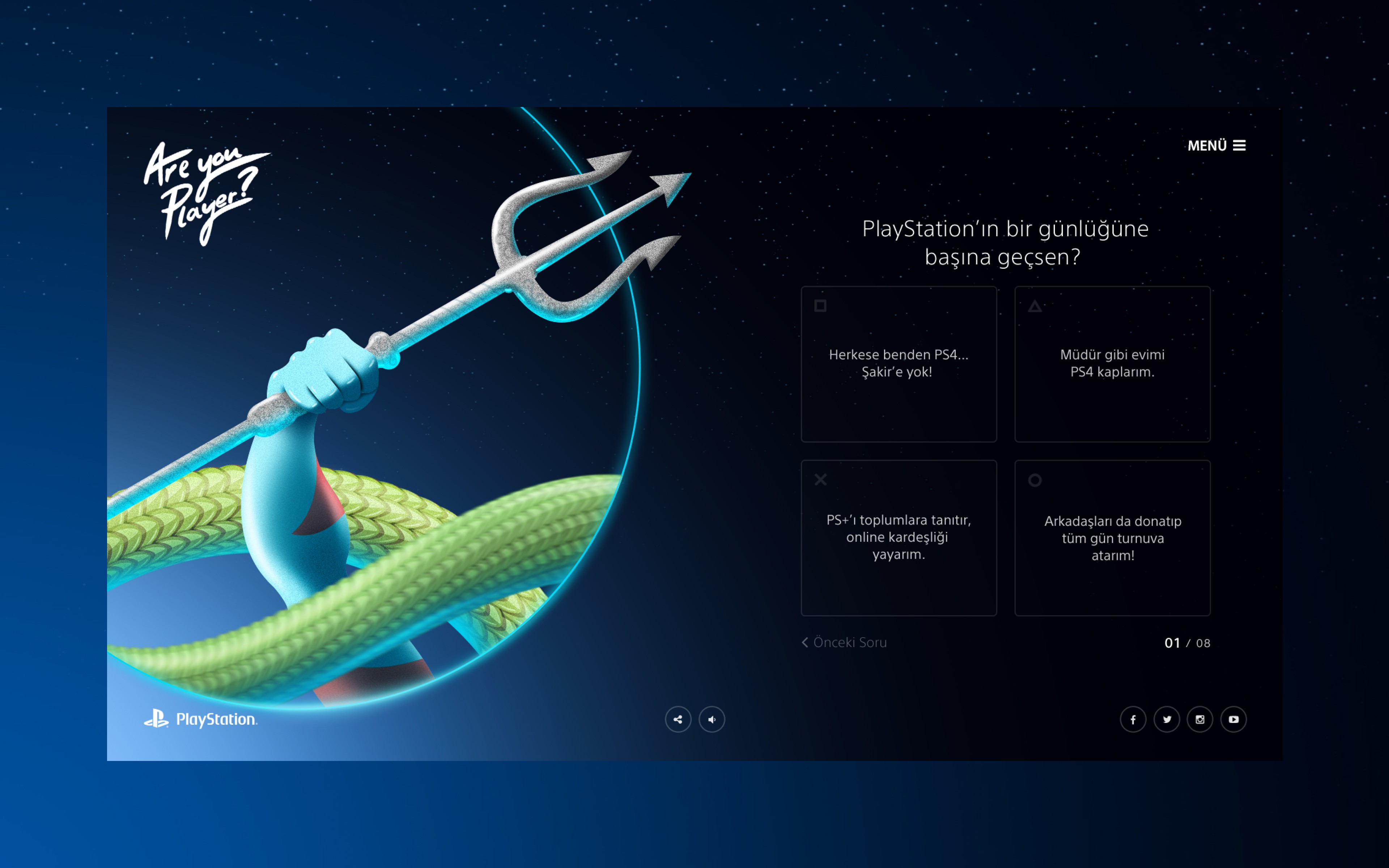 PlayStation – Are You Player? quiz screen featuring blue fantasy creature and humorous gamer persona options; UX design by Burak Canpolat.
