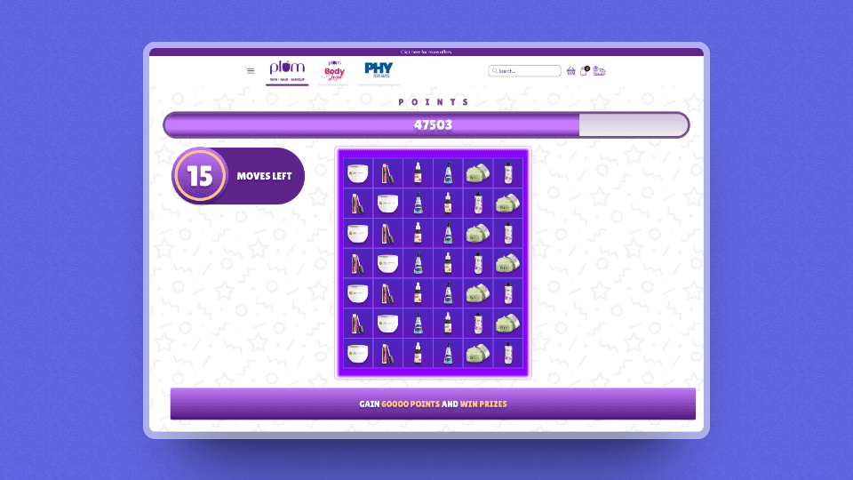 illustration of a match 3 game on plums website with the icons to be matched being plum products