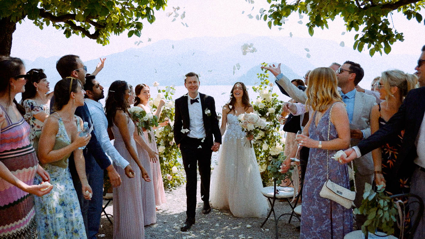 Wedding guests celebrating at an elegant outdoor reception at Villa Cipressi, Lake Como