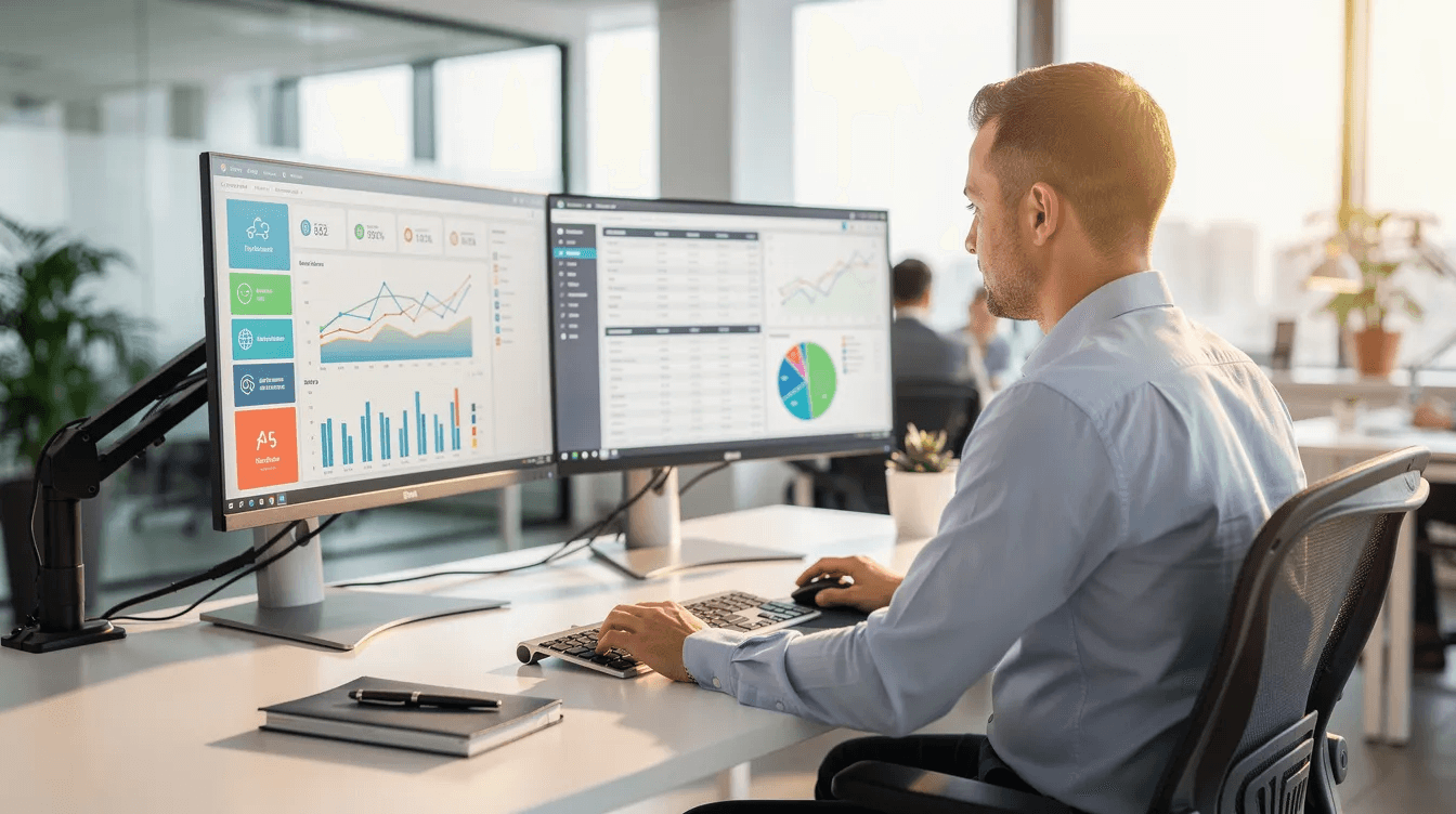 A finance professional reviewing invoice dashboards on two monitors in a bright office