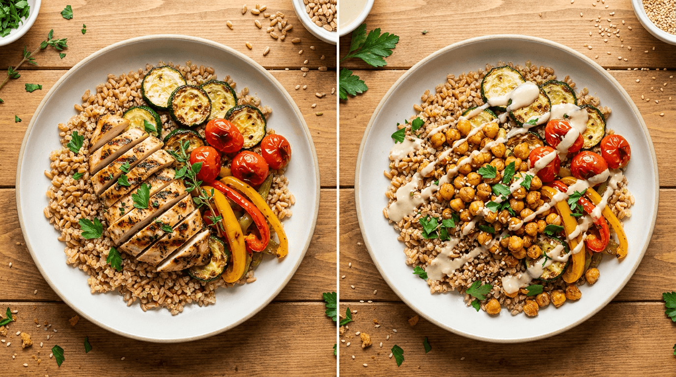 flexitarian recipe swap showing grilled chicken versus crispy chickpea topping on same roasted vegetable and grain base