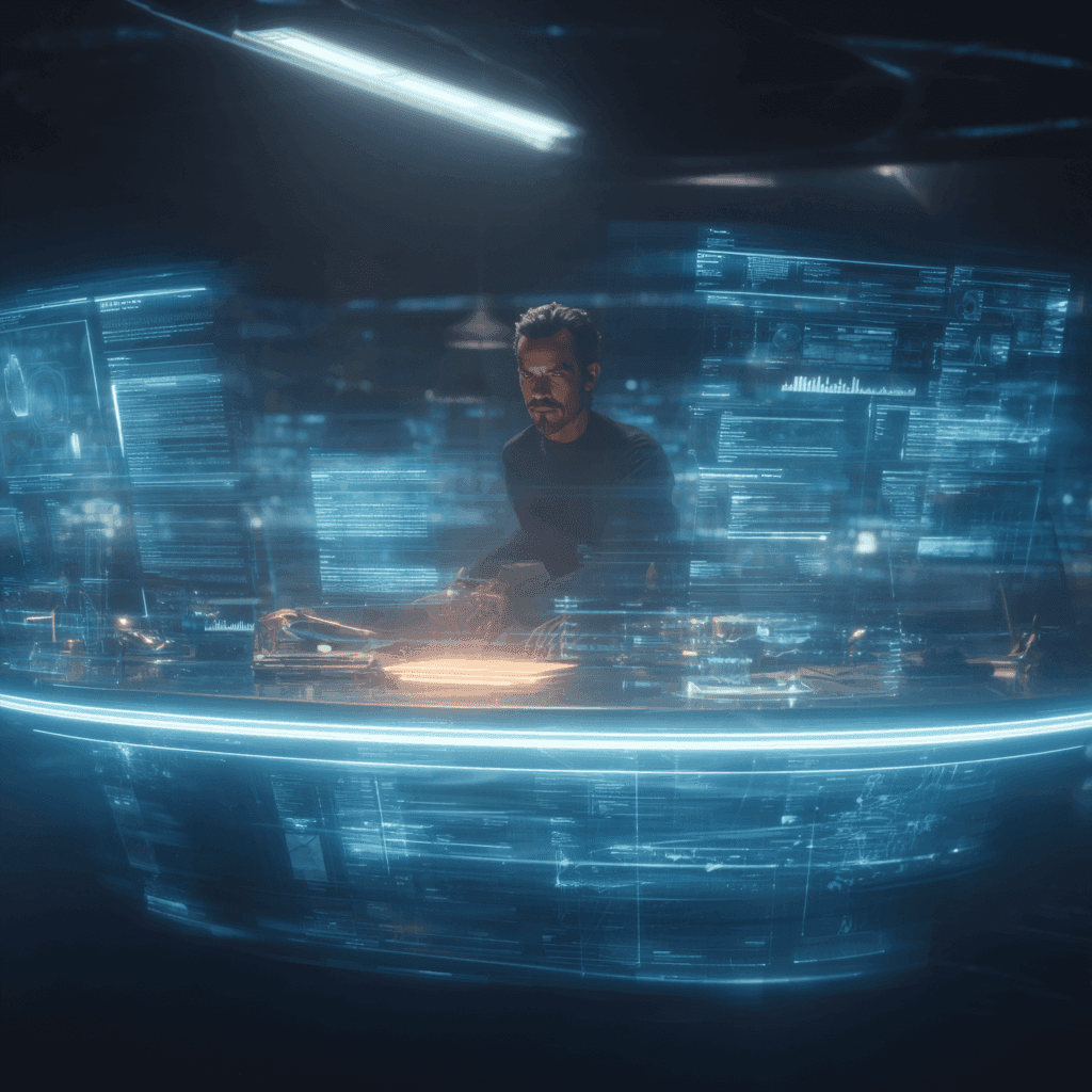 A hyper-realistic, cinematic scene of a powerful AI interface emerging from a sleek, futuristic sales war room glowing screens show data dashboards, copywriting scripts, prospect lists, and open rates, all streaming in real time. A confident founder stands at a minimalist digital console, illuminated by the soft glow of AI-generated insights. Around him: transparent holographic UI elements with real-time headline tests, persuasive email copy variations, buyer psychology heatmaps. The atmosphere conveys high-stakes intensity this is not sci-fi fantasy, but brutal, profit-driven execution. The mood is sharp, focused, and strategic dark background with glowing blues, silvers, and hints of red representing conversion spikes. The AI feels like a silent co-pilot, not a robot more like an omnipresent intelligence assisting behind the scenes. Avoid cartoony or futuristic tropes. Think cinematic realism, tactile textures, powerful lighting, and emotionally engaging storytelling through visual metaphor.