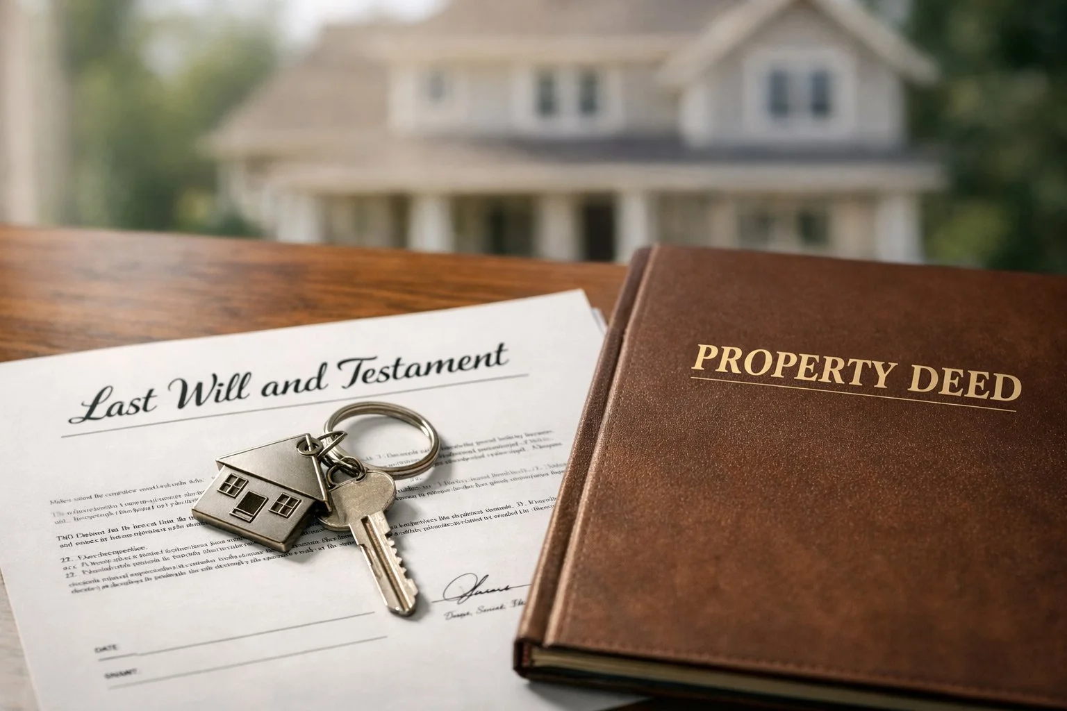 Close-up of a house key on a signed "will” document next to a property deed, with a softly blurred home in the background, symbolizing real estate inheritance.