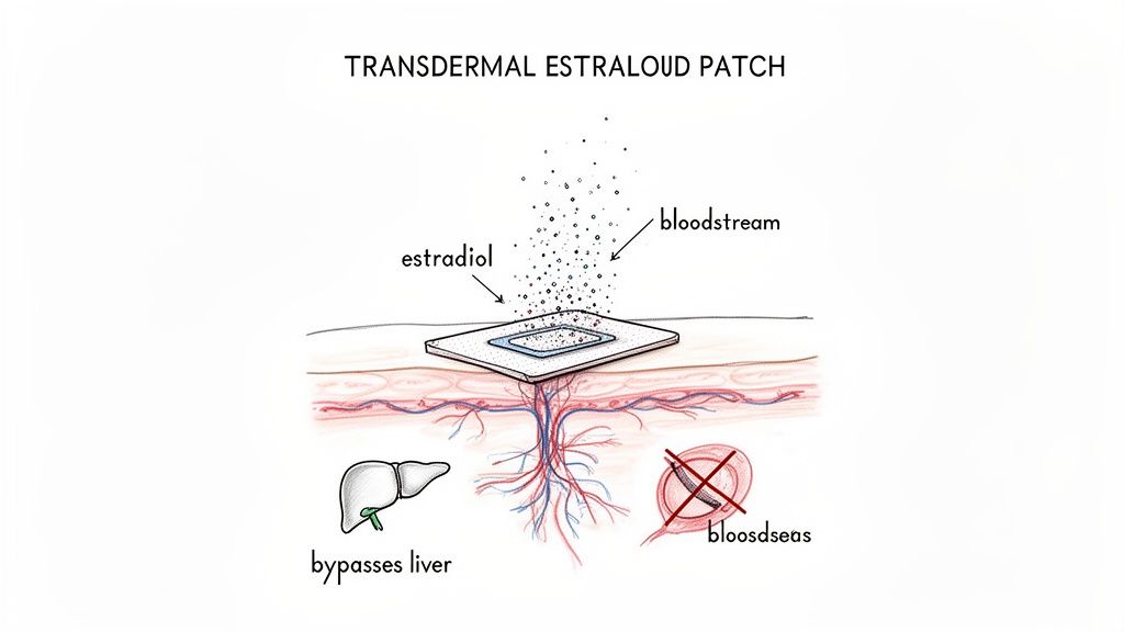 Illustration of a transdermal estradiol patch delivering estradiol into the bloodstream, bypassing the liver.