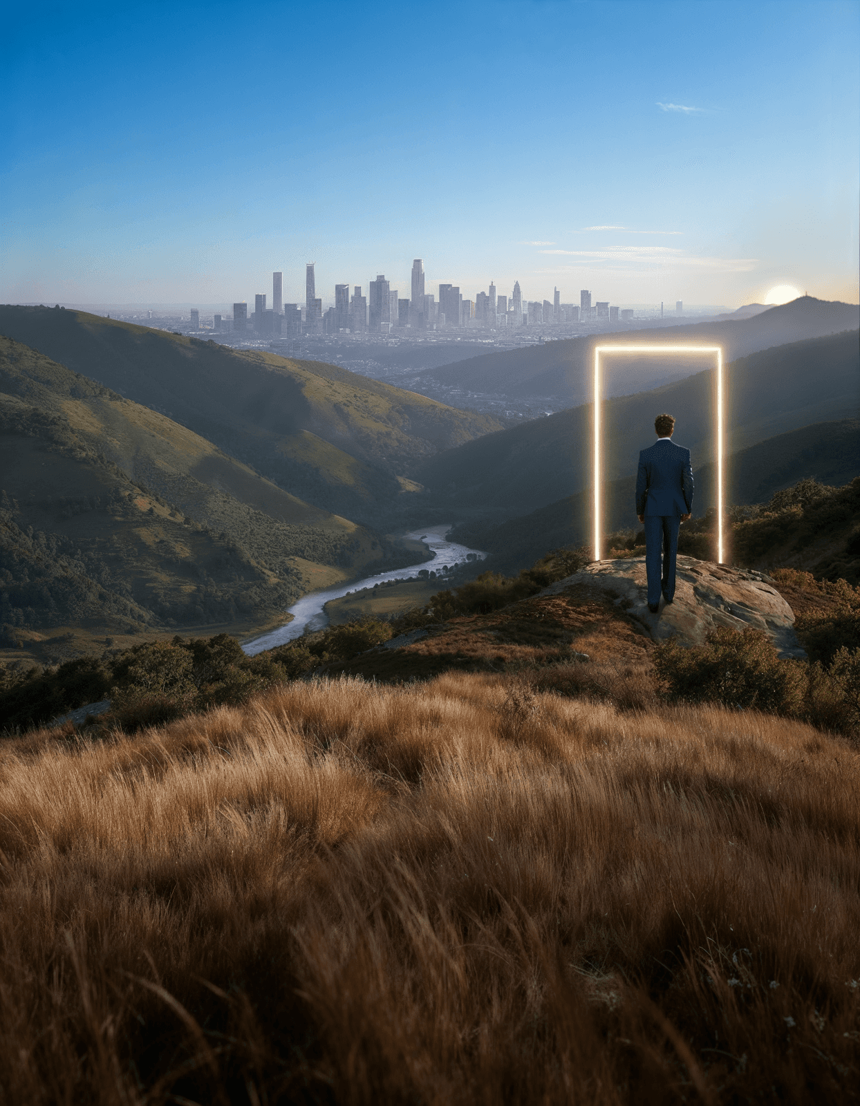 Person steht auf einem Berg und blickt auf ein leuchtendes Portal mit Stadt im Hintergrund.