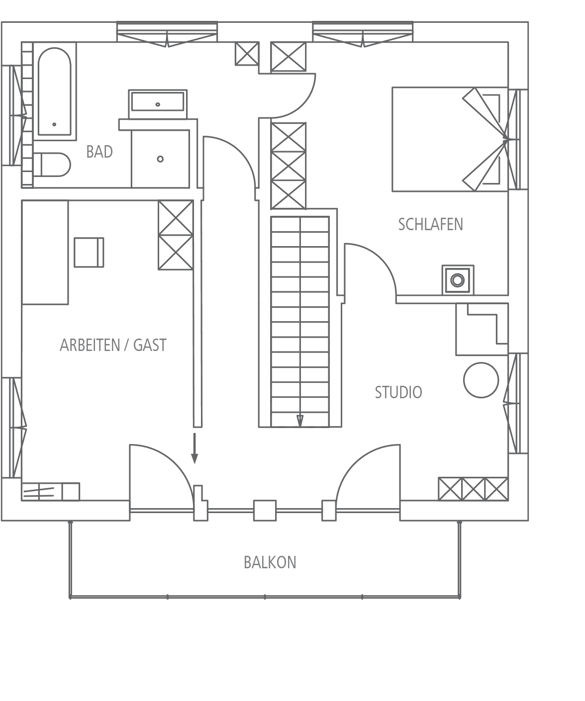 Grundriss eines Wohnraums mit Bad, Arbeits-/Gästezimmer, Schlafzimmer, Studio und Balkon.