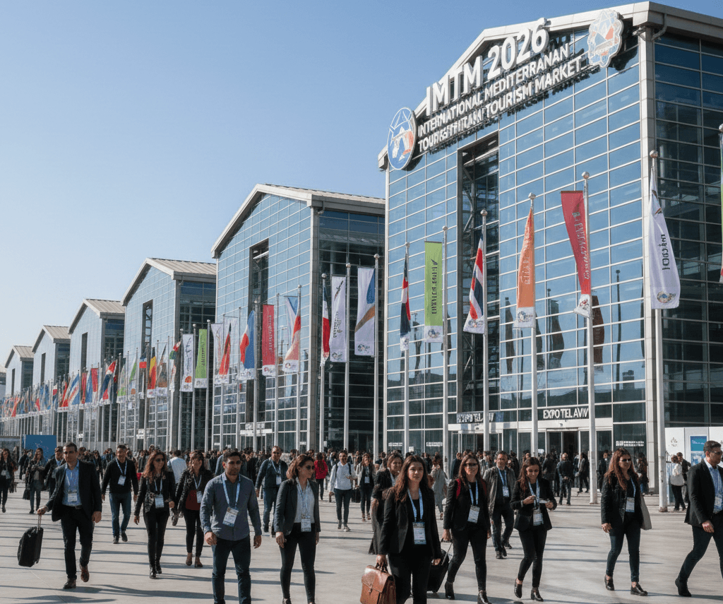 Expo Tel Aviv exterior during IMTM Tourism Exhibition 2026 with international tourism professionals arriving at the venue