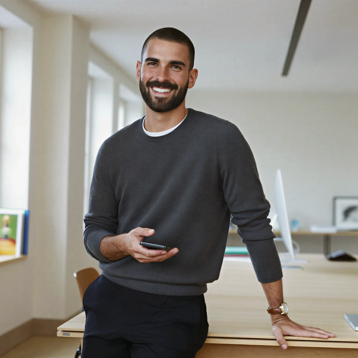 A smiling man stands in a bright room, leaning on a wooden table, holding a phone.