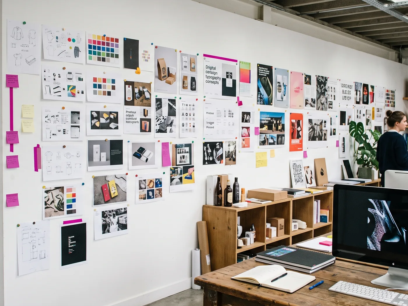 A studio with screens and a mood wall