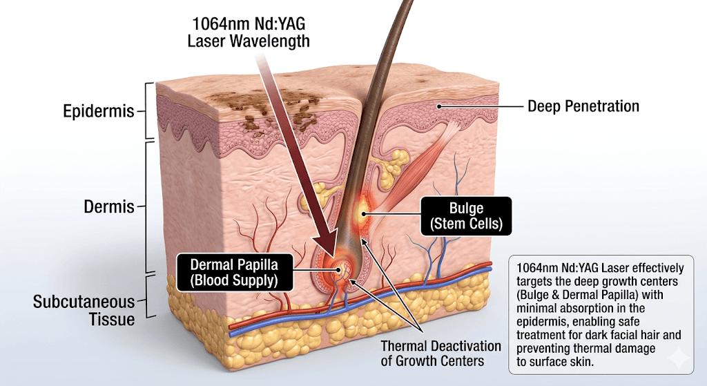 A 3D medical render of a facial hair follicle. It highlights the Dermal Papilla (the blood supply at the base) and the Bulge (where stem cells live). Arrows indicate how specific laser wavelengths (like 1064nm Nd:YAG) penetrate deeper than surface-level pigments to thermally deactivate the growth centers without affecting the epidermis.